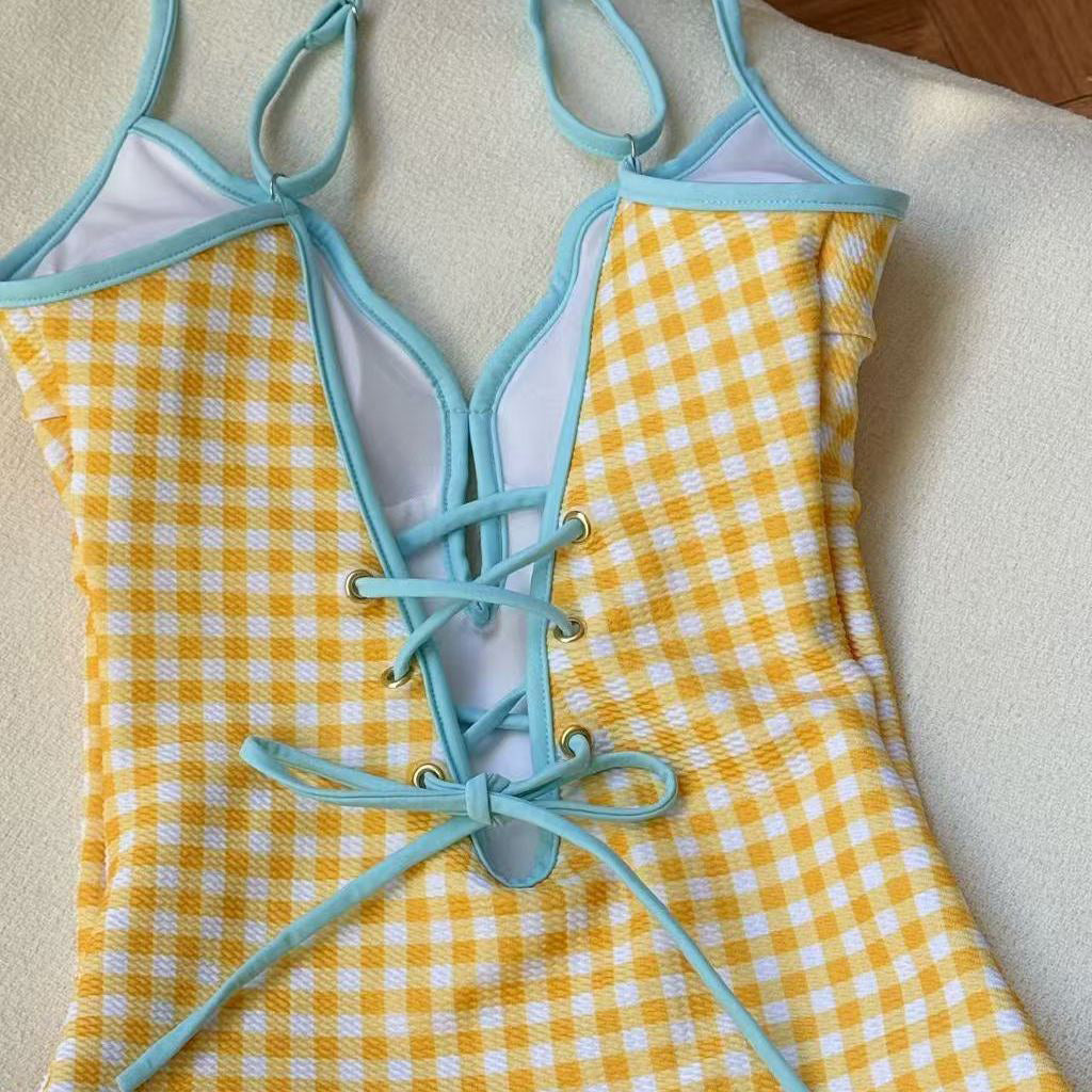 Sumi 格紋連身式泳裝【檸檬黃】