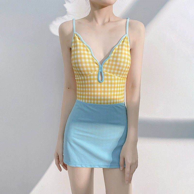 Sumi 格紋連身式泳裝【檸檬黃】