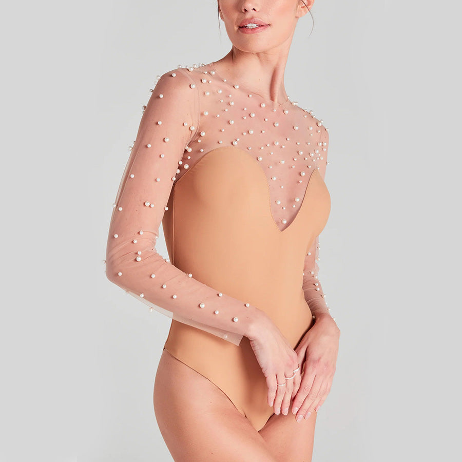 Toka 珍珠網紗深V連體衣【3色】