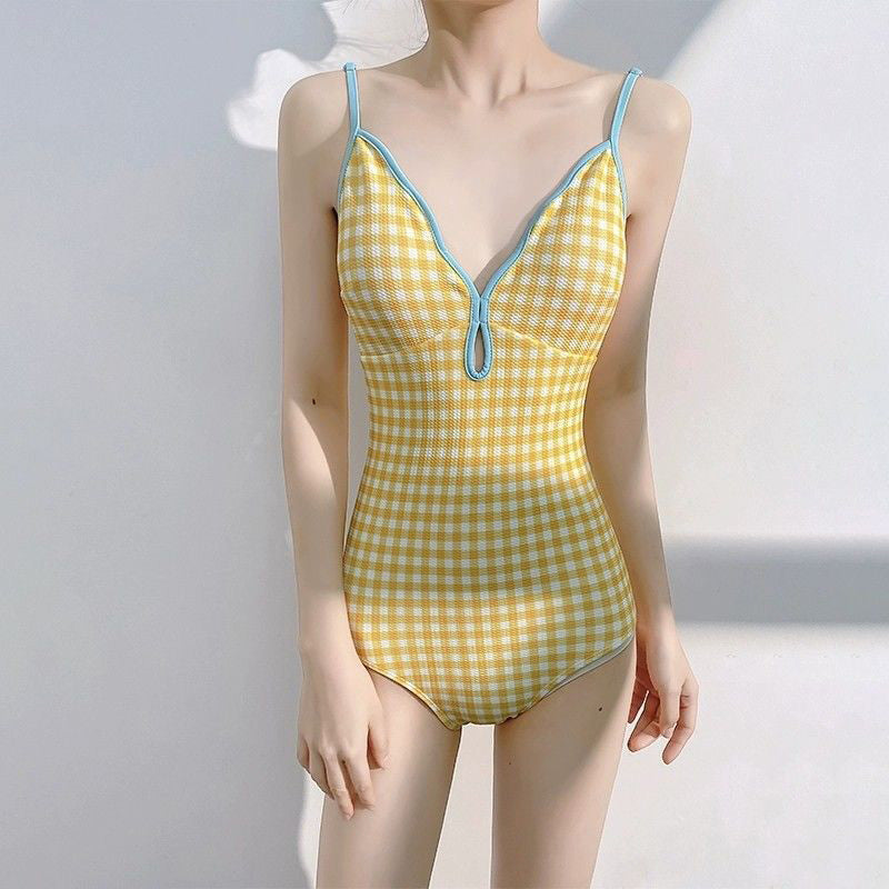 Sumi 格紋連身式泳裝【檸檬黃】