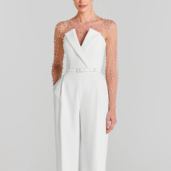 Toka 珍珠網紗深V連體衣【3色】