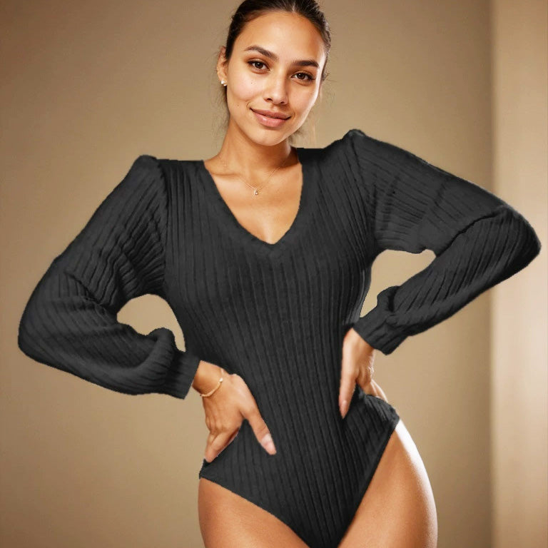 Oza V領公主袖螺紋連體衣【2色】