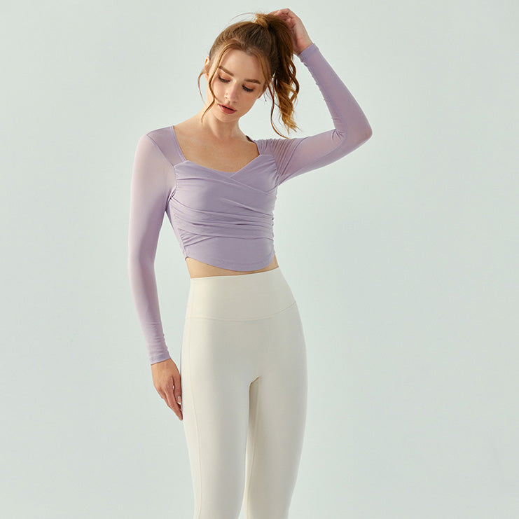 Resa Sport Top 網紗抽皺美胸長袖【粉紫】4色