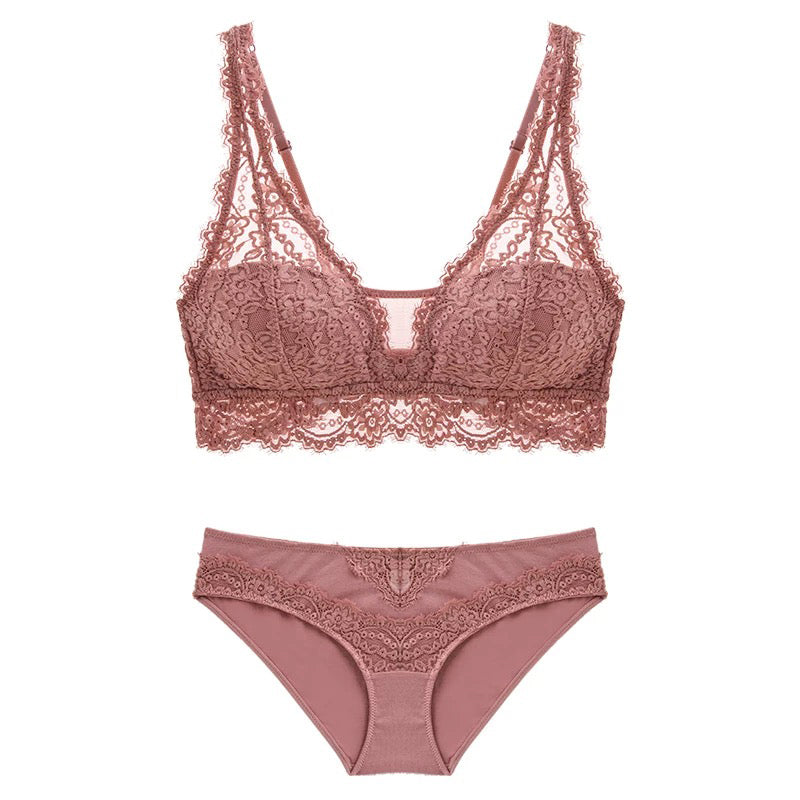 Elsa Bralette 無鋼圈蕾絲成套內衣【胭脂紅】