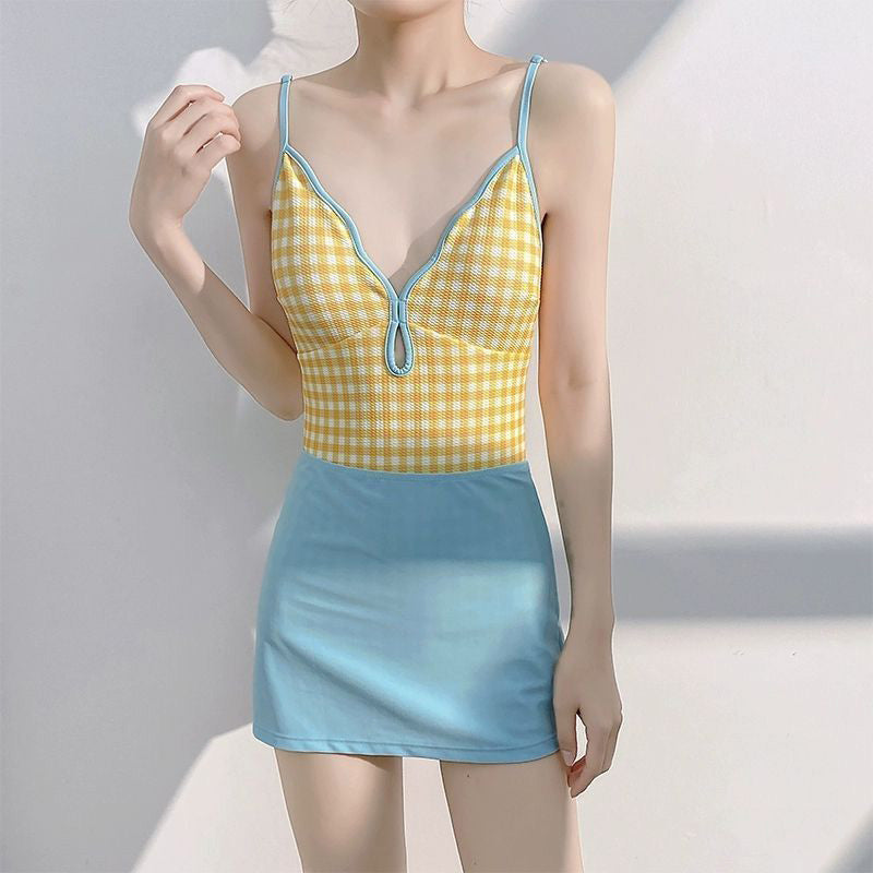 Sumi 格紋連身式泳裝【檸檬黃】