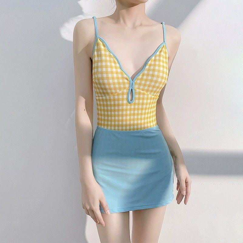 Sumi 格紋連身式泳裝【檸檬黃】