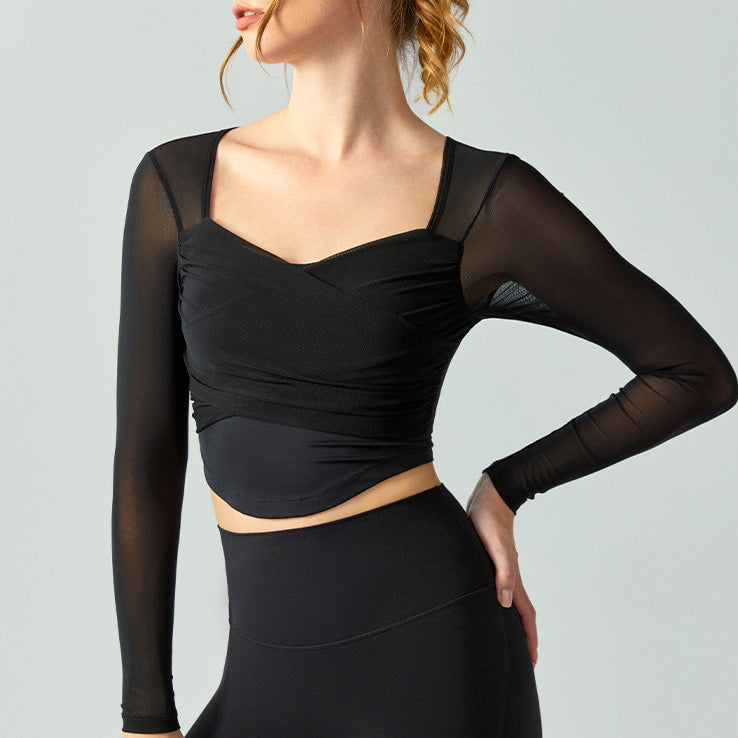 Resa Sport Top 網紗抽皺美胸長袖【黑色】4色
