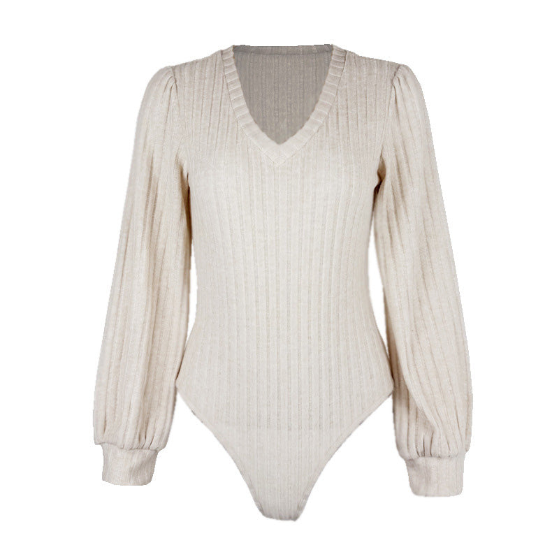 Oza V領公主袖螺紋連體衣【2色】