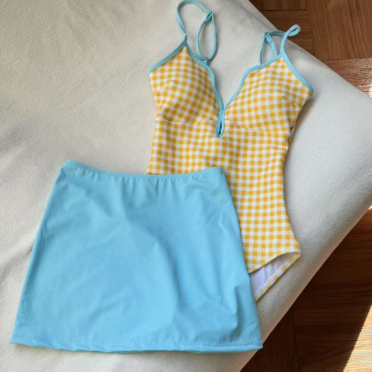 Sumi 格紋連身式泳裝【檸檬黃】