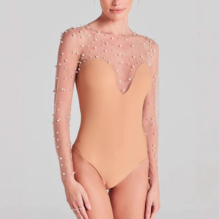 Toka 珍珠網紗深V連體衣【3色】