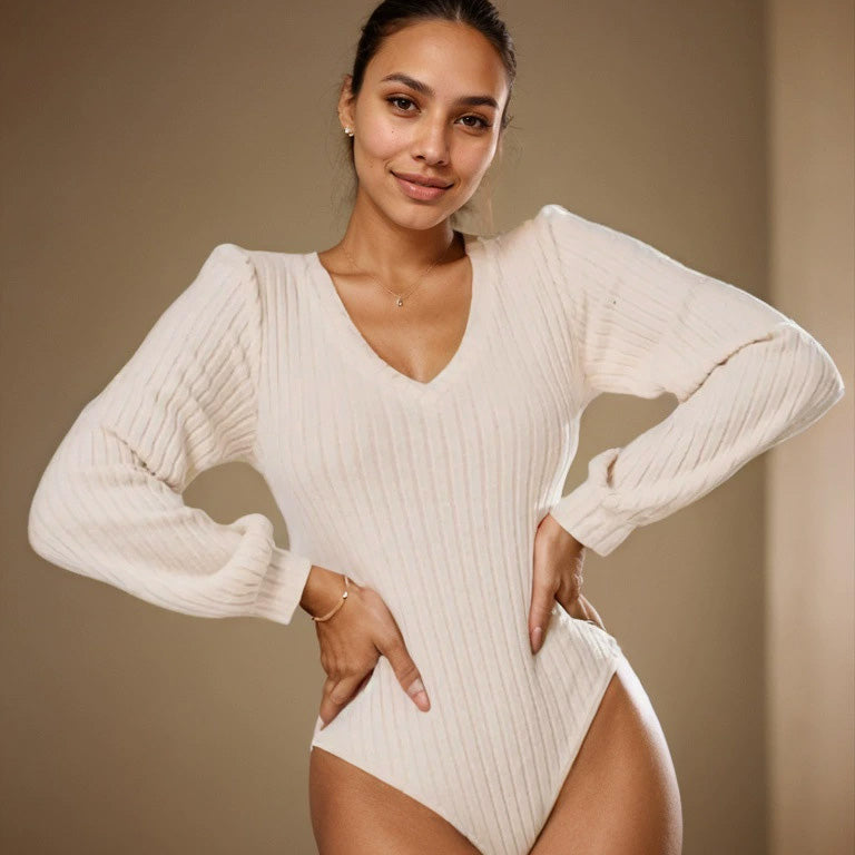 Oza V領公主袖螺紋連體衣【2色】