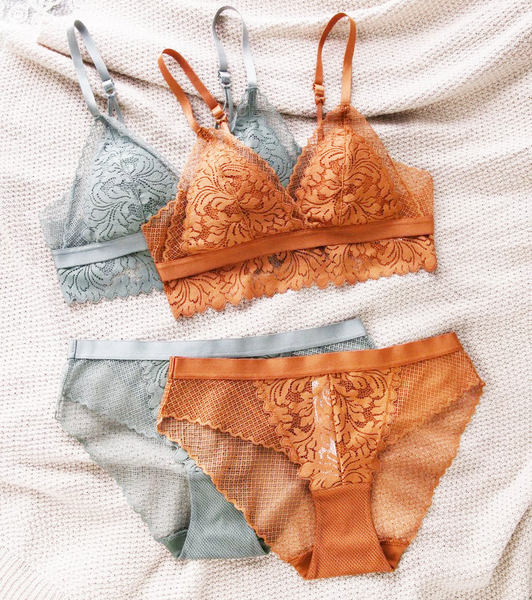 Nela Bralette 無鋼圈蕾絲成套內衣【灰冷綠】