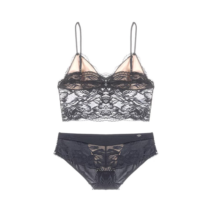 Mina BraTop 無鋼圈蕾絲成套內衣【深邃黑】