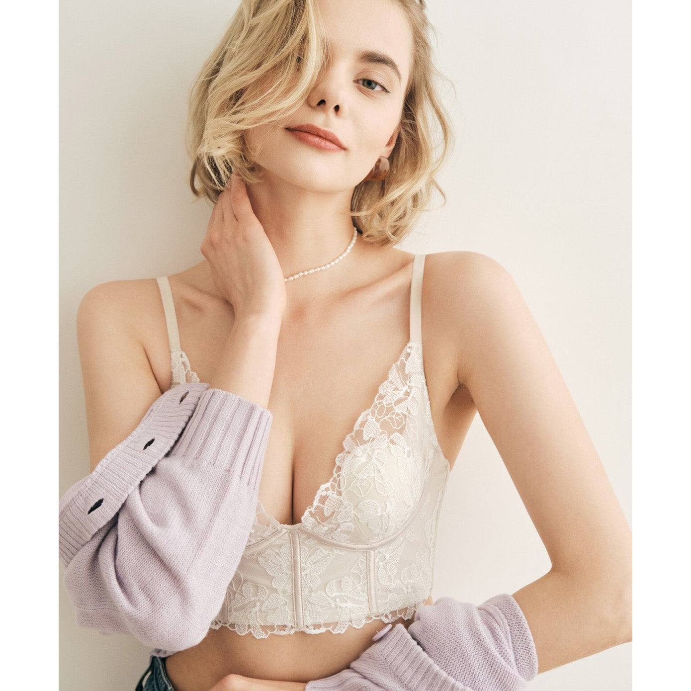 Conia Bra 無鋼圈蕾絲成套內衣 【香檳色】